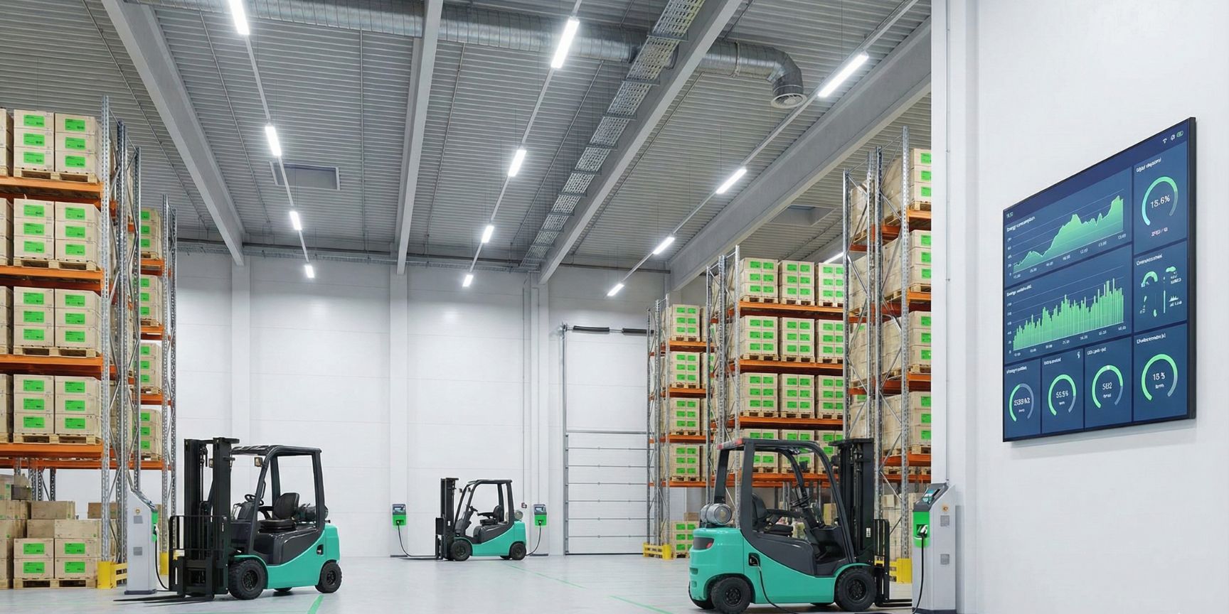 Modern warehouse with electric forklifts at charging stations, efficient LED lighting and a digital dashboard to monitor energy KPIs as part of an ISO 14001 environmental management system